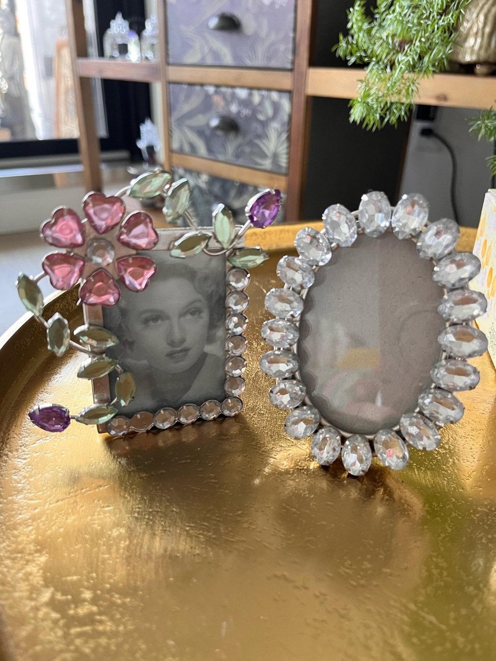 999 Picture frames small vintage art deco Pink Floral & Clear crystal look